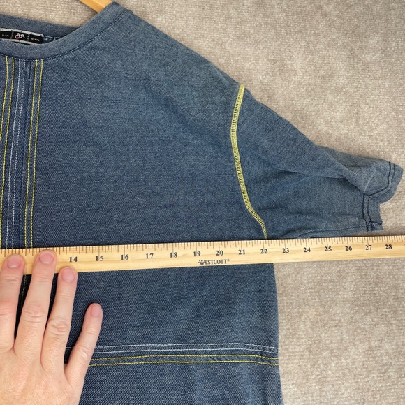 DUR ESCAPE LAND Denim Look TShirt Yellow Stitching L Mens Casual Short Sleeve - Picture 4 of 12
